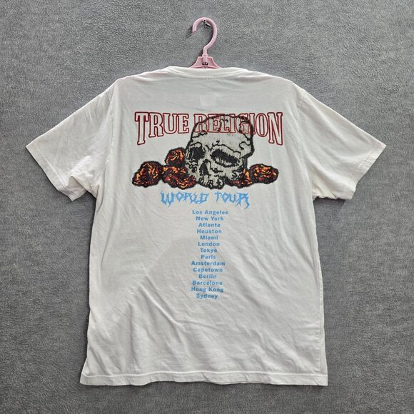 True Religion Men Shirt M White‎ Graphic Skull Tour Short Sleeve Logo Cotton Tee - Picture 5 of 8